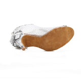 <transcy>Mujeres Salón de baile social Botas de baile de salsa latina Zapatos de baile de fiesta de malla de aire blanco con textura de serpiente</transcy>