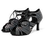 Women Ladies Satin Dance Shoes Rhinestone Soft Sole Custom Heel Latin Ballroom Dance Shoes
