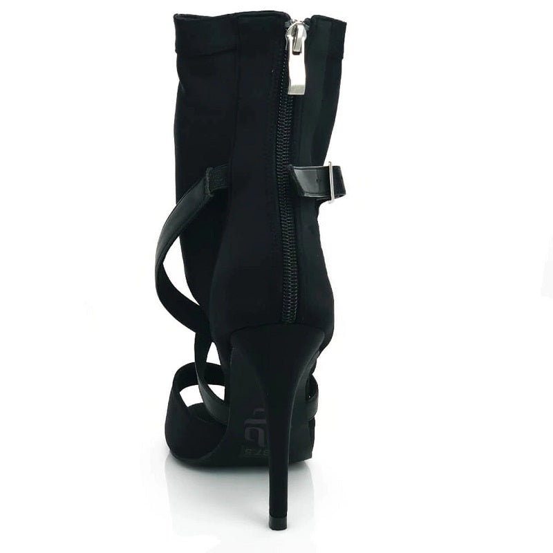 <transcy>Женская обувь для латинских бальных танцев сальса с открытым носком, эластичная лайкра, черные ботильоны</transcy>