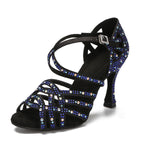 Women Latin Dance Shoes Salsa Rumba Samba Ballroom Party Ladies Wedding High Heels Blue Silver Shoes