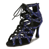 Rhinestone Dance Boots Dance Latin Jazz Dance Shoes Blue Black Soft Sole Women High Heels