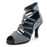 Ladies Crystal Collection Shoes Black Satin Flare Heels Latin Ballroom Dance Shoes Rhinestone Salsa Dancing Boots