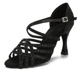 Women's Latin Dance Shoes Tango Ballroom Dance Training Shoes Lady Girls Sandals Rhinestone Wedding High Heels Purple Black