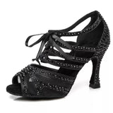 Women Party Dance Shoes Satin Shining Rhinestones Soft Suede Bottom Salsa Dance Shoes Heels White Black