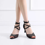 Women Rhinestion Latin Dance Shoes Black Soft Sole Ballroom Salsa Dancing Shoes for Girl Summer Wedding Party Sandals