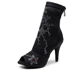 Women Latin Dance Shoes Balck Rhinestone Tango Ballroom Girls Soft Bottom Dance Boots