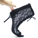 Latin Salsa Women Dance Boots Soft Sole Black Lace Ballroom Tango Dancing Shoes