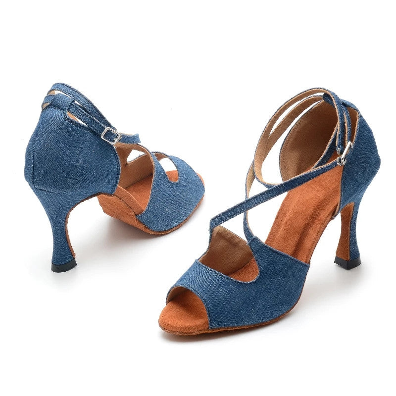 Ladies Latin Dance Shoes Denim Flare Heels Women Blue Tango Ballroom Salsa Dancing Shoes