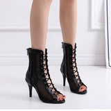 Black Women Latin Ballroom Dance Boots PU Mesh Heel Salsa Professional Dance Shoes