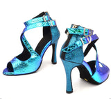 Dance Shoes Latin Women Salsa Shoes Dancing Party Wedding Ballroom Dance Shoes Laser PU and Glitter Blue Gold