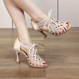 Indoor Rhinestone Dance Shoes Tango Latin Salsa Rumba Samba Soft Sole Women Sandals Ladies High Heels