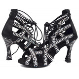 Satin Black Rhinestones Dance Boots Fashion Latin Salsa Women High Heel Ballroom Dance Shoes