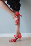 Sparkling Rhinestone Salsa Latin Dance Shoes Women Soft Sole Red Mesh Dancing Shoes