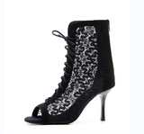 Flock Lace Women Latin Ballroom Dance Boots Zipper Black Salsa Dancing Shoes For Wedding Party
