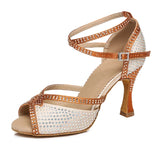 Rhinestone Latin Dance Shoes Women Brown Ballroom Salsa Dancing Shoes for Girls Soft Bottom High Heel Dance Sandals