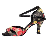 Women Salsa Shoes Latin Satin Soft Sole Flower Black Ballroom Dance Shoes Customized Heel
