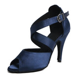 Latin Dance Shoes Dark Blue Satin Women's High Heel 10cm Salsa Shoes Soft Outsole