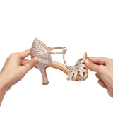 Latin Dance Shoes Women Satin Rhinestone Ballroom Salsa Tango Dancing Shoes Comfortable Party Dance Sandals