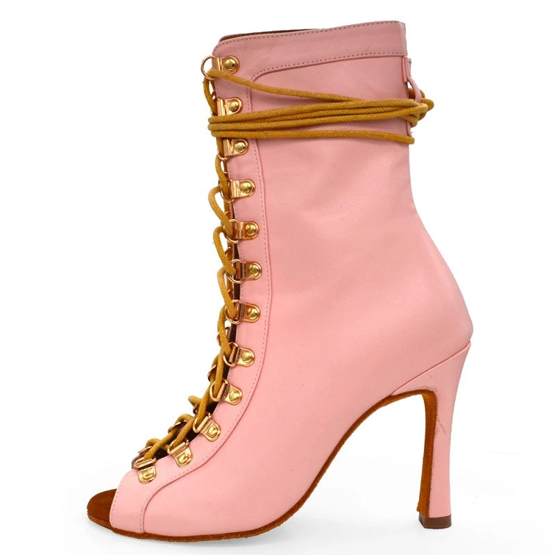Women Dance Boots High Heel Comfortable Pink PU Ballroom Latin Soft Sole Boots Dance Shoes