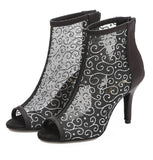 <transcy>Mujer Salón Social Salón de baile Latino Salsa Botas de baile Malla Fiesta Zapatos de baile con Sandalias de tacón en la espalda de satén negro</transcy>