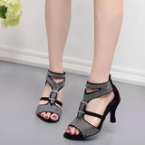 Ladies Party Dance Shoes Black Shiny Rhinestone Soft Bottom Latin Dance Shoes Heels