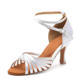 Ladies Latin Dance Shoes White Satin Flare Heels Women Ballroom Salsa Dancing Shoes