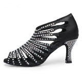 Women's Ballroom Dance Boots Rhinestone Black Satin Latin Tango Salsa Swing Bachata Dancing Shoes Heeled