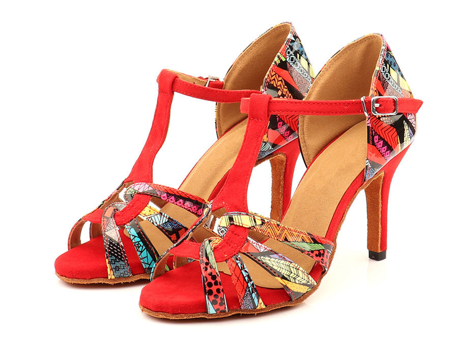 Ballroom Tango Latin Dance Shoes Salsa Women Red Green Girls Comfortable Sandals Colorful Geometric Pattern Shoes