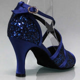Blue Black Red Glitter Professional Latin Dance Shoes For Women Salsa 8cm Heel Height