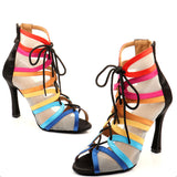 Customized High Heels Dance Boots Satin Mesh Women Ladies Rainbow Black Latin Ballroom Salsa Dancing Shoes