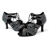 Women Ladies Satin Dance Shoes Rhinestone Soft Sole Custom Heel Latin Ballroom Dance Shoes