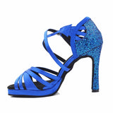 Latin Dance Shoes Size Customized Heel Height Women Ballroom Salsa Satin Professional Shoes Blue