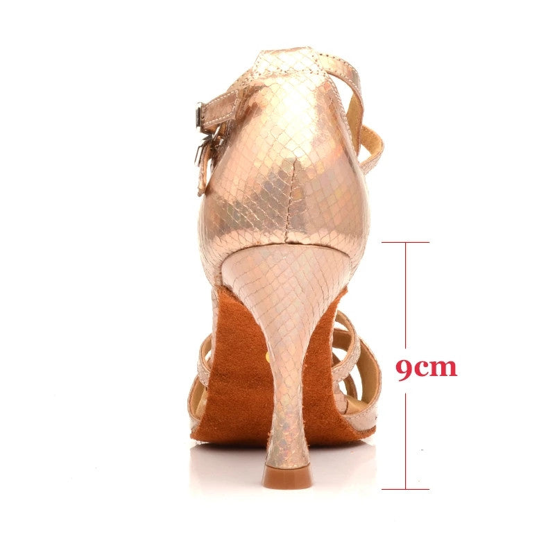 Dance Shoes Women Latin Gold PU Salsa Dancing Shoes 9cm Cuban High Heel Tango Professional Shoes