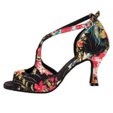 Latin Dance Shoes Woman Salsa Black Ballroom Shoes Ladies Satin Soft Sole Black Flower