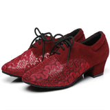 Modern Latin Dance Shoes For Women Black Red Closed Toe Low Heel Ballroom Dancing Shoes