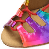 <transcy>Zapatos de baile latino para salón de baile para mujer, sandalias de baile de salsa con cordones para mujer, tacón deportivo de PU con arcoíris</transcy>