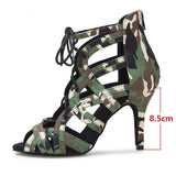 <transcy>Zapatos de baile de salsa latina para salón de baile para mujer, botas de camuflaje verde militar, sandalias con cordones de tobillo de boda para fiesta social de PU</transcy>
