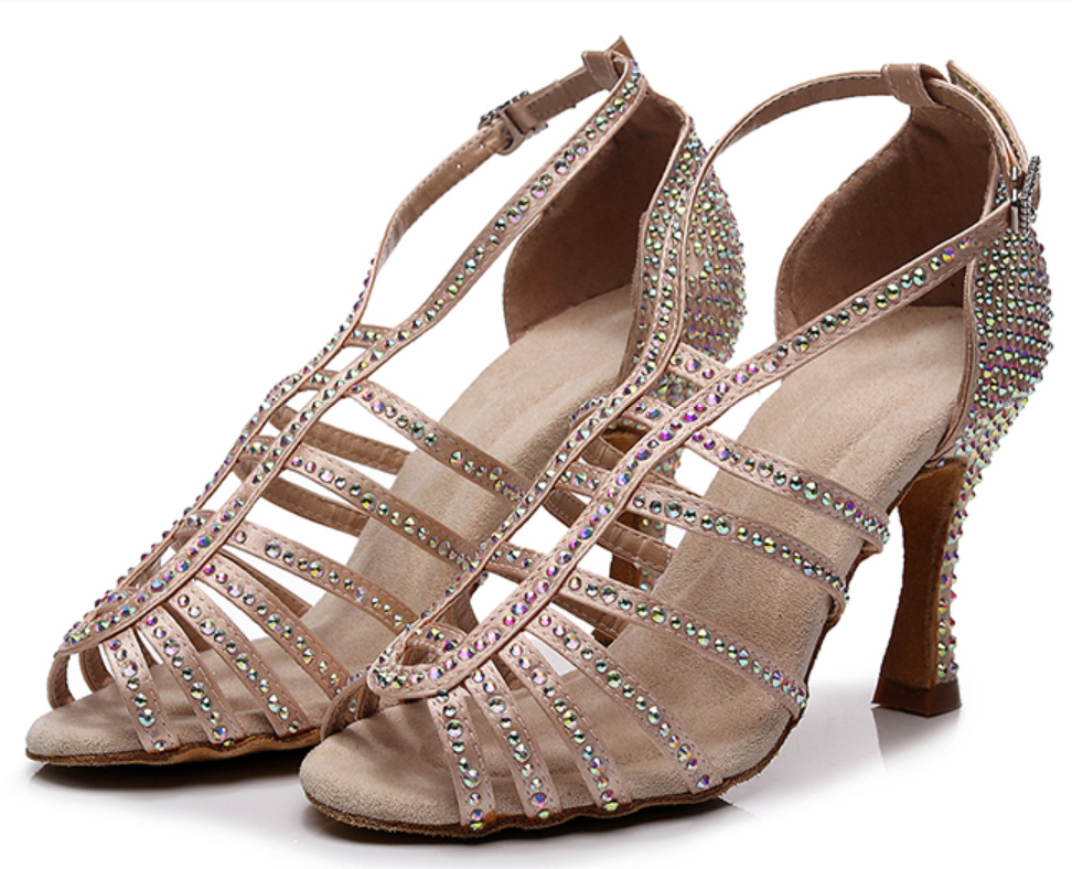 Satin Ballroom Latin Dance Shoes For Women Girls Pink Brown Salsa Waltz Rhinestone Dancing Shoes