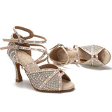Soft Sole Latin Dance Shoes Tango Salsa Rumba Samba Ladies Pearl Rhinestone High Heels Women Sandals