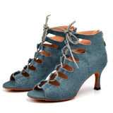 Latin Dance Shoes Women Denim Blue Dance Boots Salsa Performance Ballroom Shoes