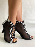 Zebra Women Dance Booties Satin Mesh Latin Ballroom Salsa Dancing Shoes Customized Heel