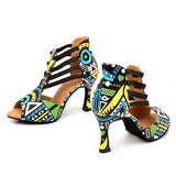 Latin Dance Shoes Ladies Dance Boots Elastic Band Adjustment Ballroom Blue African Texture Dance Shoes
