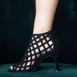 Party Dance Shoes Tango Ballroom Latin Dance Shoes Black Suede Rhinestones Heel Dancing Sandals Boots Shoes For Women