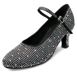 Women's Modern Dance Black Satin Rhinestone Party Wedding Closed-toe Practice Dancing Shoes Latin Dancer Heel