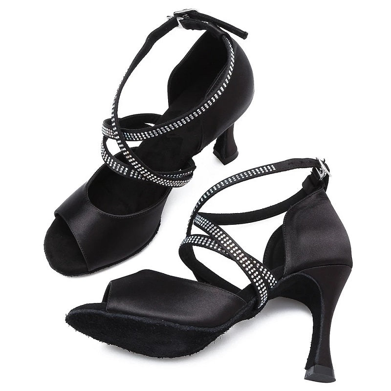Tango Salsa Latin Swing Dance Shoes Women Ballroom Wedding Party Sandals Black Satin Heels