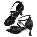 <transcy>Tango Salsa Latin Swing Dance Shoes Mujeres Salón de baile Sandalias de fiesta de boda Tacones de satén negro</transcy>