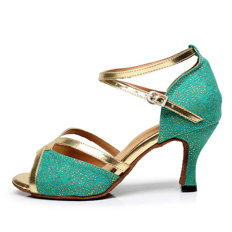 Green Latin Ballroom Salsa Dance Shoes Customized Heel Soft Sole Dancing Shoes For Women Girls