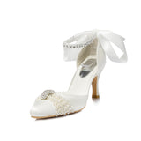 Champagne White Wedding Shoes Pumps Pearl Rhinestone Buckle Pumps For Women Girls Bride Party