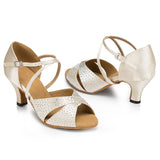 Satin Latin Ballroom Dance Shoes Rhinestone Soft Sole Heel Tango Salsa Dance Shoes For Women Girls