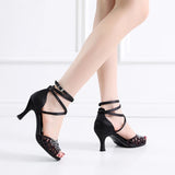 Women Rhinestion Latin Dance Shoes Black Soft Sole Ballroom Salsa Dancing Shoes for Girl Summer Wedding Party Sandals